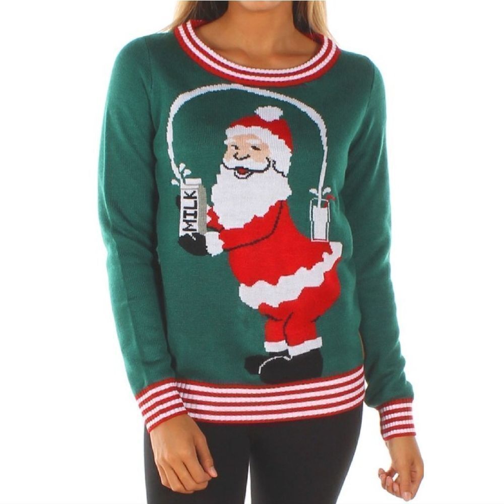 Tipsy Elves Green Santa Milk Break The Internet Ugly Christmas Sweater Small